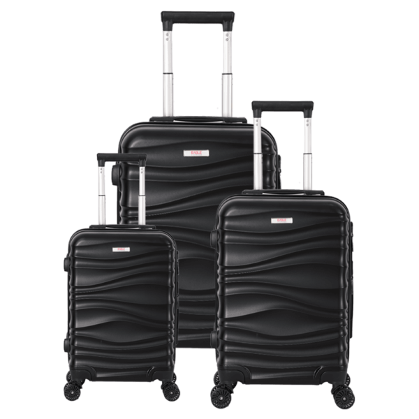 3-piece black trolley bags with 360° wheels, scratch resistant finish