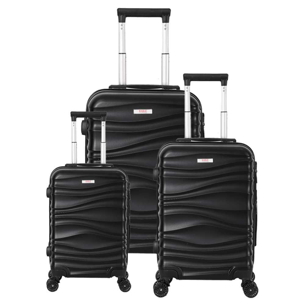 3-piece black trolley bags with 360° wheels, scratch resistant finish