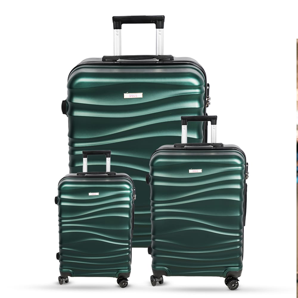 3-piece green trolley bags with 360° wheels, scratch resistant finish