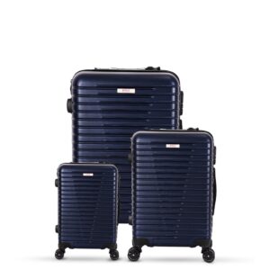 3-piece navy blue trolley bags with 360° wheels, scratch resistant finish