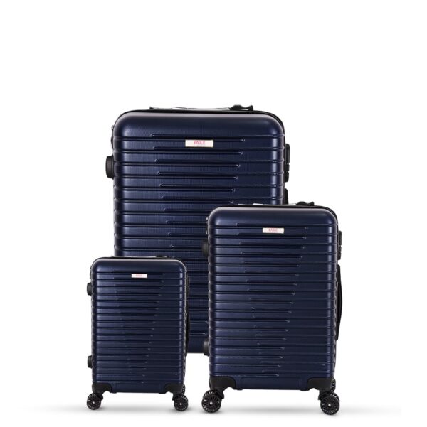 3-piece navy blue trolley bags with 360° wheels, scratch resistant finish