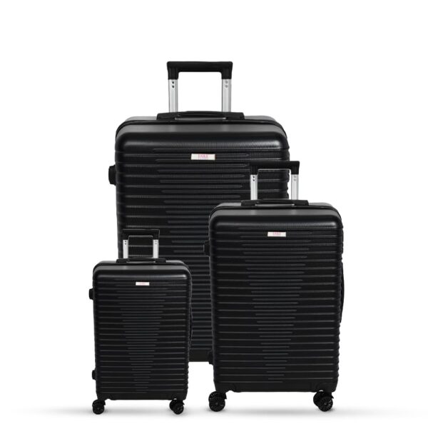 3-piece black trolley bags with 360° wheels, scratch resistant finish