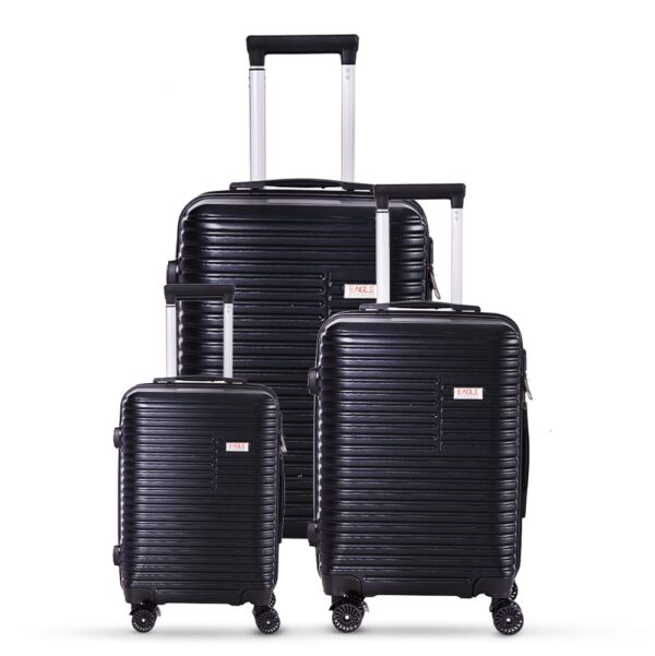 3-piece black trolley bags with 360° wheels, scratch resistant finish