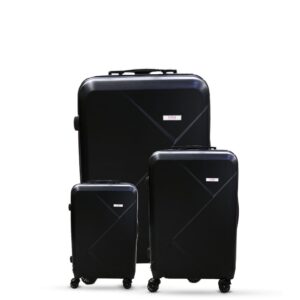 3-piece Black trolley bags with 360 wheels, scratch-resistant finish.