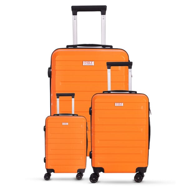 3-piece orange trolley bags with 360° wheels, scratch resistant finish