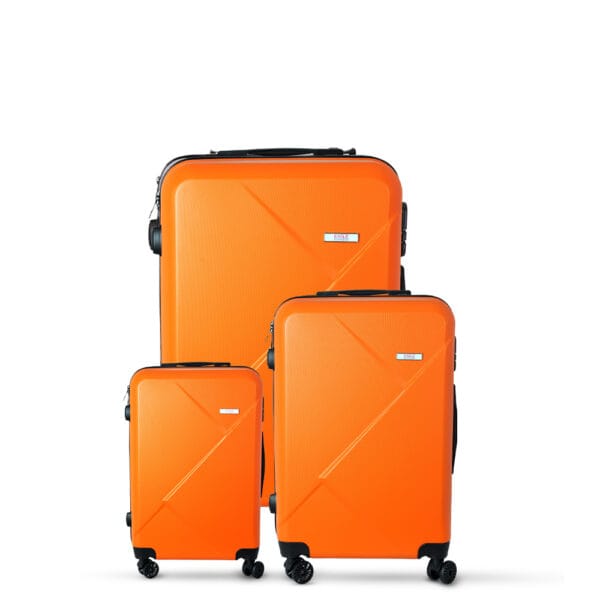 3-piece orange trolley bags with 360° wheels, scratch resistant finish