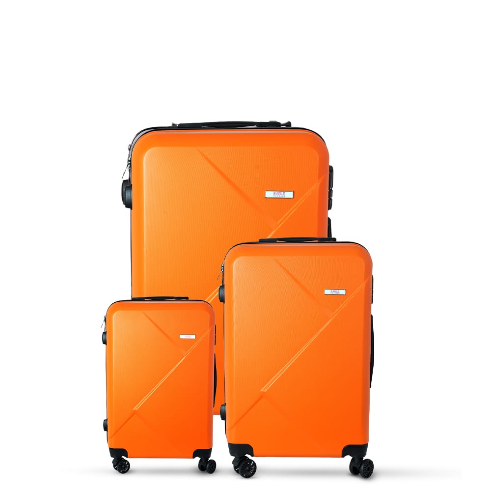 3-piece orange trolley bags with 360° wheels, scratch resistant finish