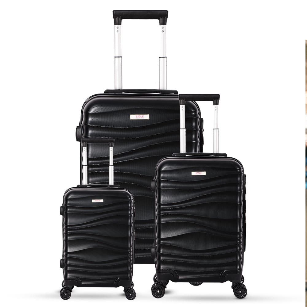 3-piece black trolley bags with 360° wheels, scratch resistant finish