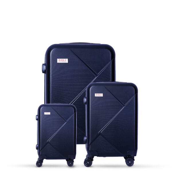 3-piece navy blue trolley bags with wheels, scratch-resistant finish, telescopic handles, 360° wheels